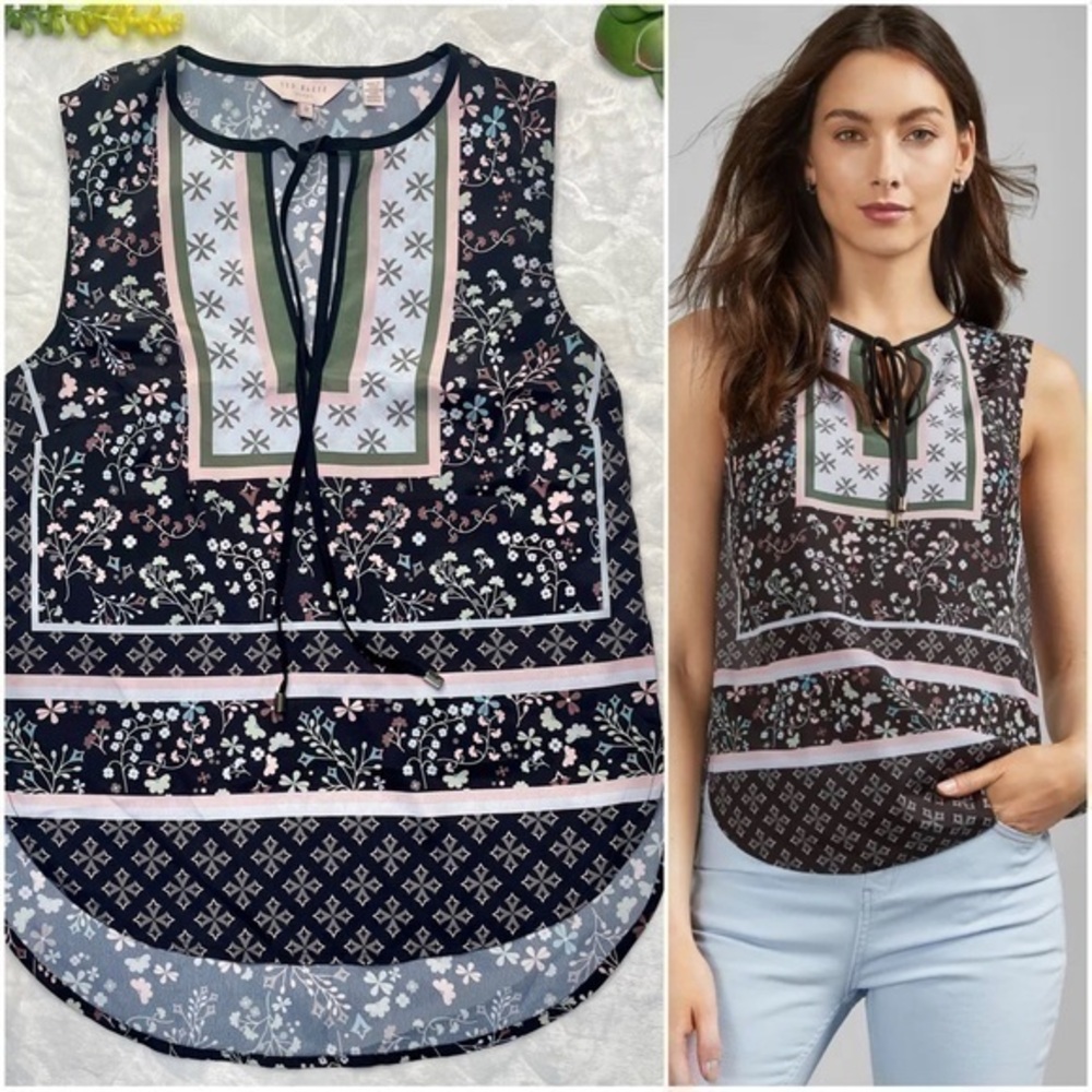 Ted Baker Framel Sleeveless Top Blouse in Hazel Boho Floral Print Black Pink 0/2